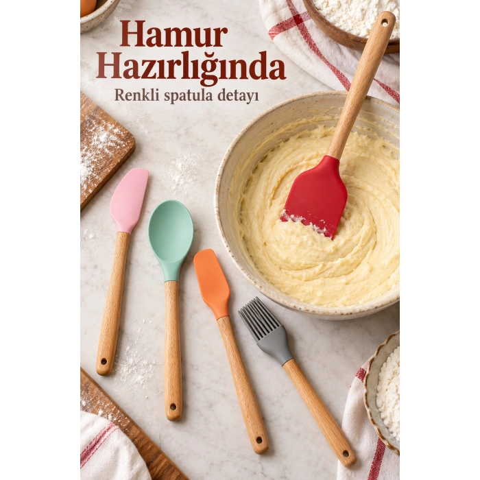 Renkli Mutfak Seti Spatula Kaşık ve Fırça