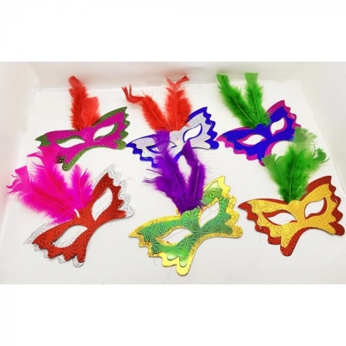 Renkli Parti Maskesi 6lı | Tüylü Karton Maske Seti (Lastikli)