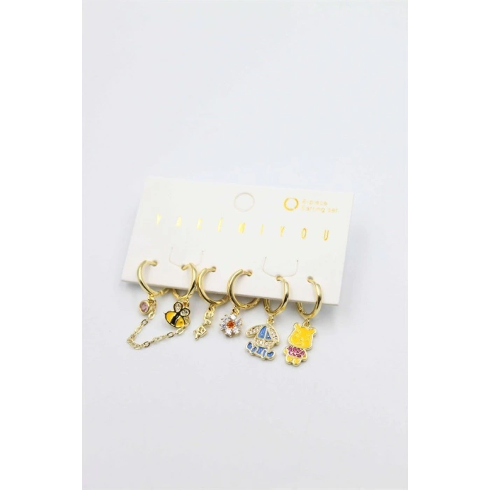 Renkli Taşlı Set Küpe - Altın
