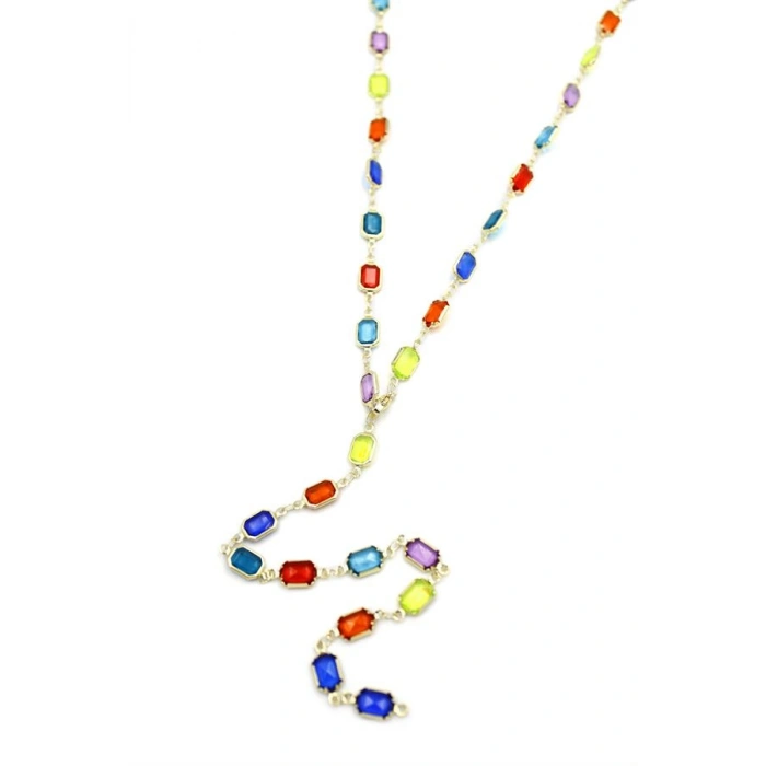Renkli Taşlı Y Kolye - Altın