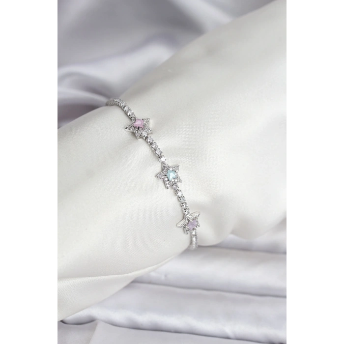 Renkli Yıldız Model Zirkon Taşlı Gümüş Renk Pirinç Su Yolu Kadın Bileklik - TJ-BB8101