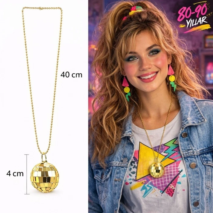 Retro Disko Topu Şekilli 80ler 90lar Altın Renk Plastik Kolye