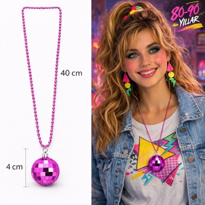 Retro Disko Topu Şekilli 80ler 90lar Fuşya Pembe Renk Plastik Kolye