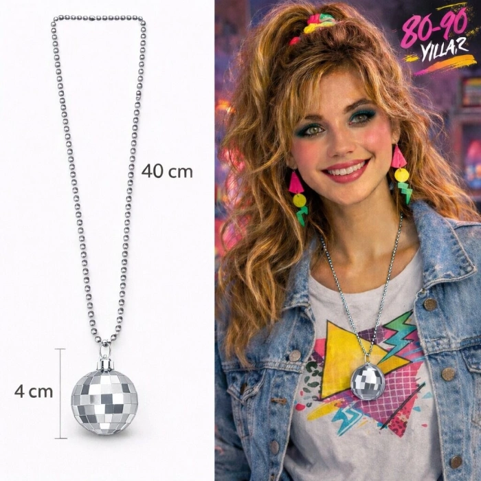 Retro Disko Topu Şekilli 80ler 90lar Gümüş Renk Plastik Kolye