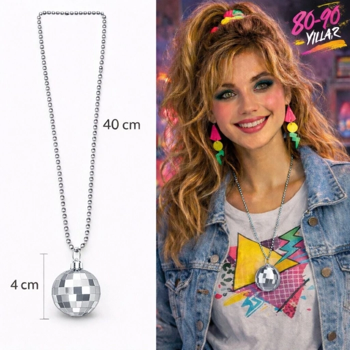 Retro Disko Topu Şekilli 80ler 90lar Gümüş Renk Plastik Kolye