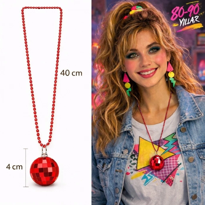Retro Disko Topu Şekilli 80ler 90lar Kırmızı Renk Plastik Kolye