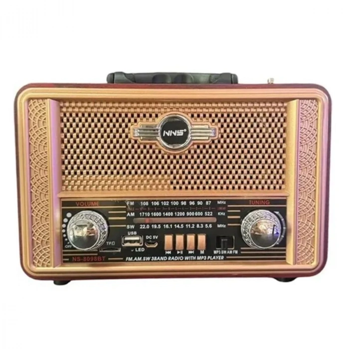 Retro, Nostaljik, Ahşap Tasarım Bluetooth Hoparlörlü, Şarjlı, Taşınabilir Otantik Tasarımlı FM/AM Destekli Radyo NS8098 (4887)