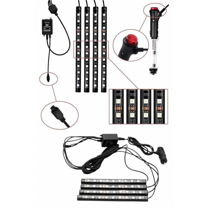 Rgb Işıklı Araç İçi Aydınlatma Kumandalı 12li Led Işık Renk Değiştirebilen