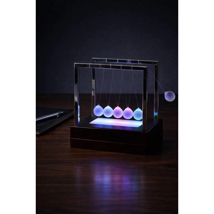 RGB Işıklı Newton Denge Topu – Renkli Şeffaf Denge Topları, Pilli Masaüstü Dekoratif Aksesuar