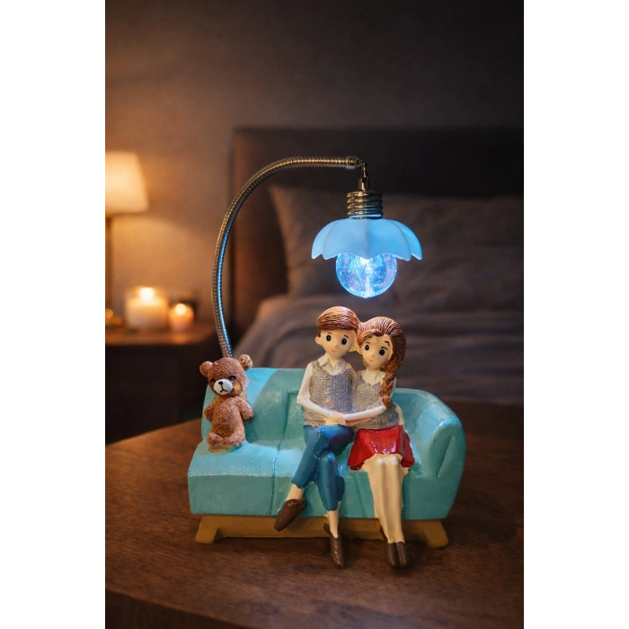 Romantik Çift Figürlü Işıklı Biblo – Genç & Yatak Odası Dekoru - Sevgiliye Hediye, 18 cm Mavi