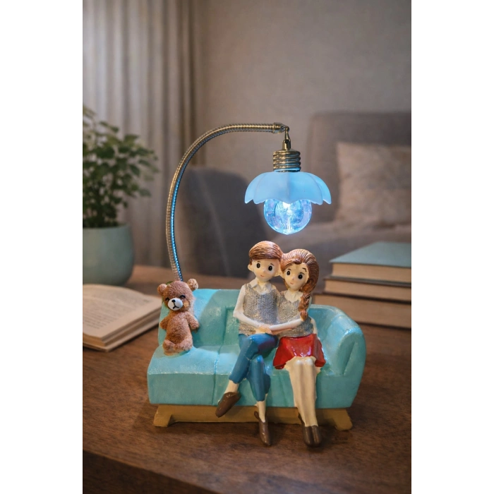 Romantik Çift Figürlü Işıklı Biblo – Genç & Yatak Odası Dekoru - Sevgiliye Hediye, 18 cm Mavi