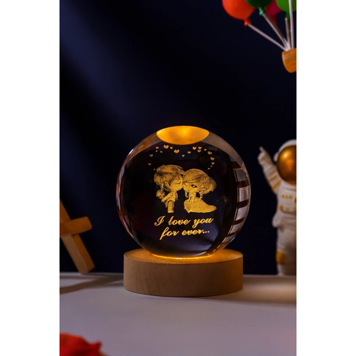 Romantik LED Işıklı  Renk Değiştiren Kristal Küre Lamba – USBli Ahşap Standlı  RGB