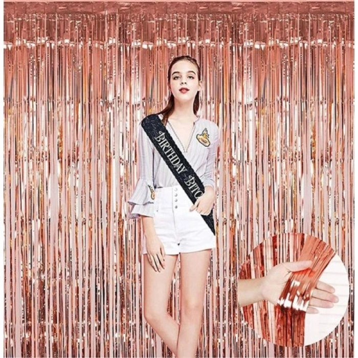 Rose Gold Püsküllü Kapı Perdesi - Parti, Bekarlığa Veda, Doğum Günü 1x2 m