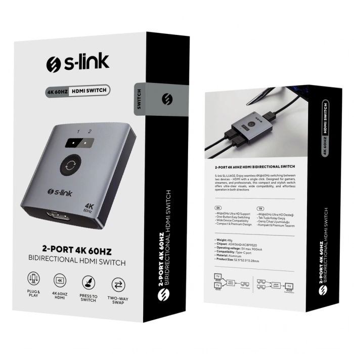 S-lınk Sl-lu602 2xhdmı 4k 60hz Monitör Çoklayıcı (1pc-2monitör Veya 2pc- 1monitör) Çift Yönlü Switch(1923)