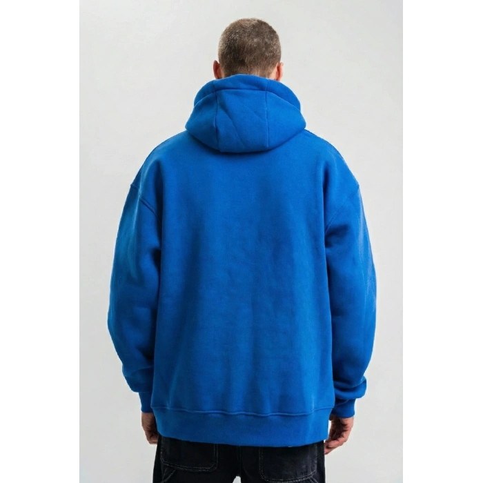 Saks Mavi Double Oversize 3 İplik Pamuklu Kapüşonlu Kanguru Cepli Sweatshirt Hoodie - Saks Mavi