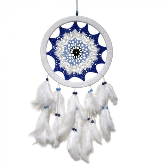 Saks Mavisi Nazar Motifli Kuş Tüylü Duvar Süsü