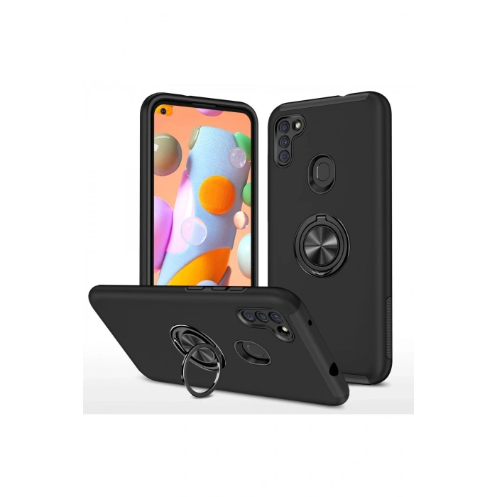 Samsung Galaxy A11 Kılıf Elit Yüzüklü Kapak - Siyah