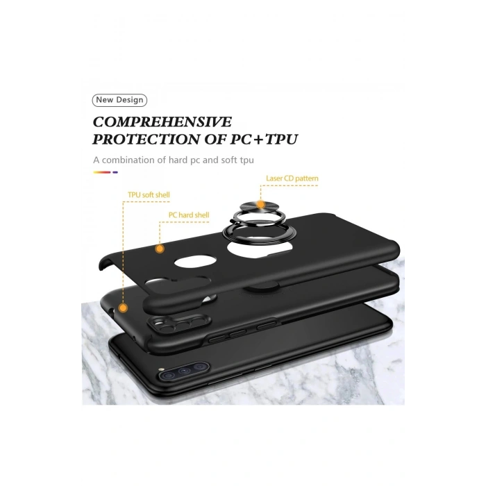 Samsung Galaxy A11 Kılıf Elit Yüzüklü Kapak - Siyah