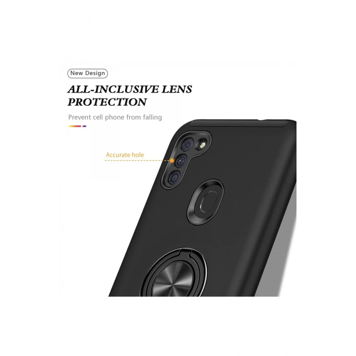 Samsung Galaxy A11 Kılıf Elit Yüzüklü Kapak - Siyah