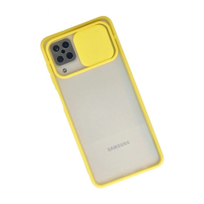 Samsung Galaxy A12 Kılıf Palm Buzlu Kamera Sürgülü Silikon - Sarı