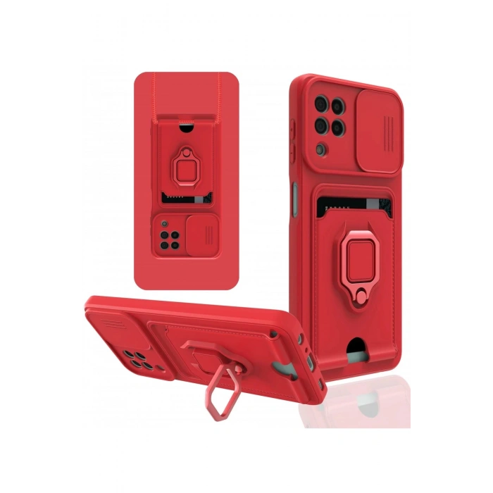 Samsung Galaxy A22 Kılıf Zuma Kartvizitli Yüzüklü Silikon - Kırmızı