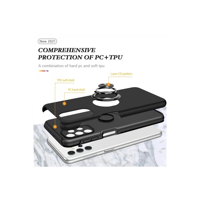 Samsung Galaxy A72 Kılıf Elit Yüzüklü Kapak - Siyah