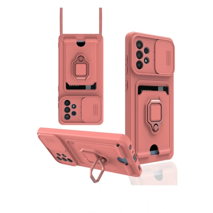 Samsung Galaxy A72 Kılıf Zuma Kartvizitli Yüzüklü Silikon - Pembe