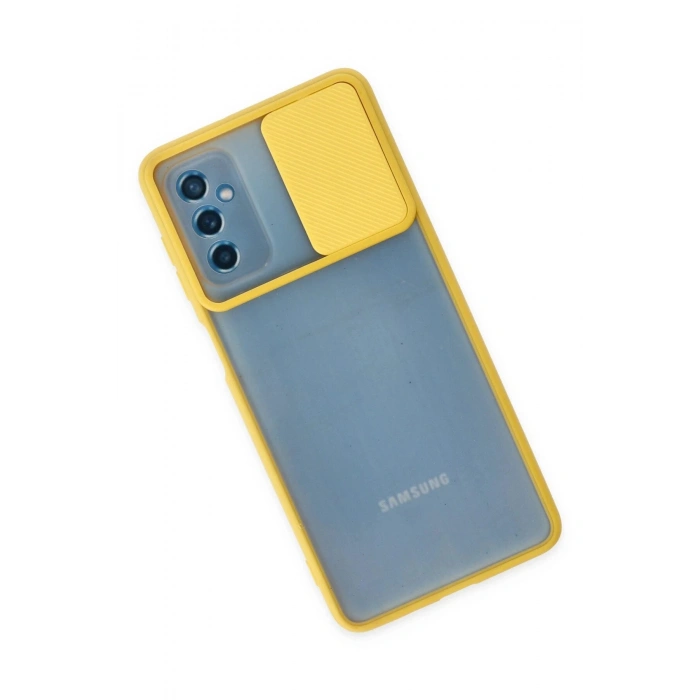 Samsung Galaxy M52 5G Kılıf Palm Buzlu Kamera Sürgülü Silikon - Sarı