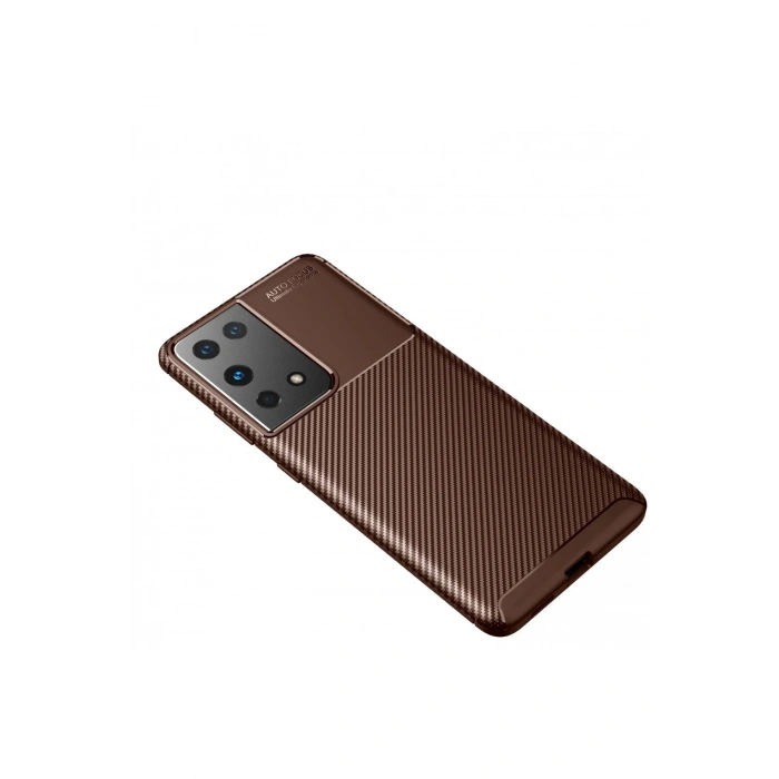 Samsung Galaxy S21 Ultra Kılıf Auto Focus Karbon Kapak - Kahverengi