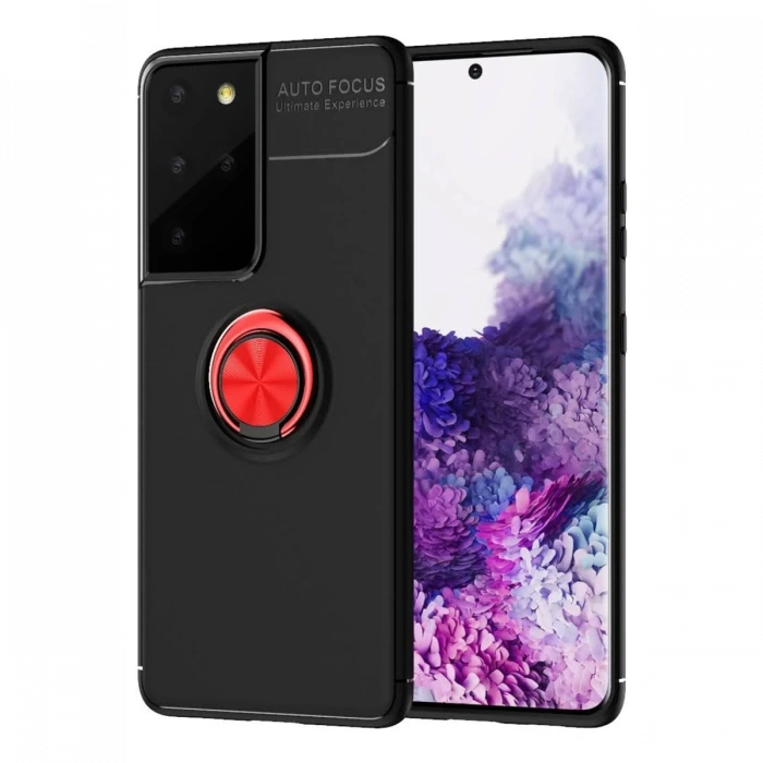 Samsung Galaxy S21 Ultra Kılıf Range Yüzüklü Silikon - Siyah-Kırmızı