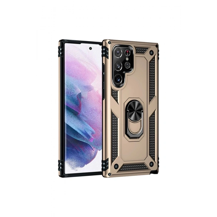 Samsung Galaxy S21 Ultra Kılıf Sofya Yüzüklü Silikon Kapak - Gold