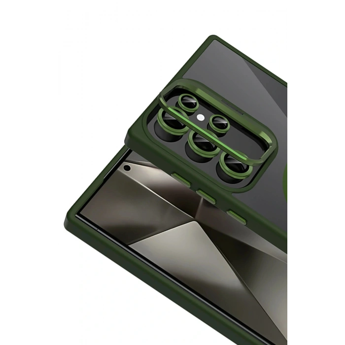 Samsung Galaxy S23 Ultra Remim Lensli Magsafe Standlı Kapak - Koyu Yeşil