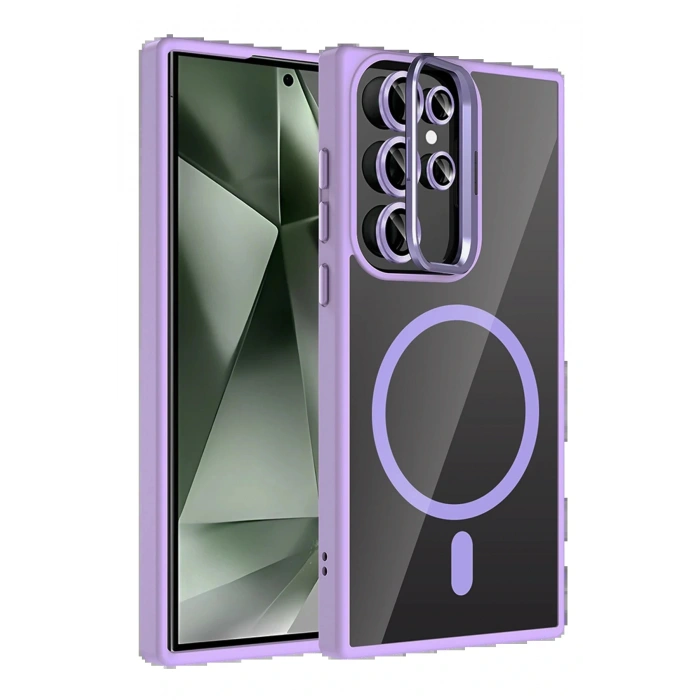 Samsung Galaxy S23 Ultra Remim Lensli Magsafe Standlı Kapak - Lila
