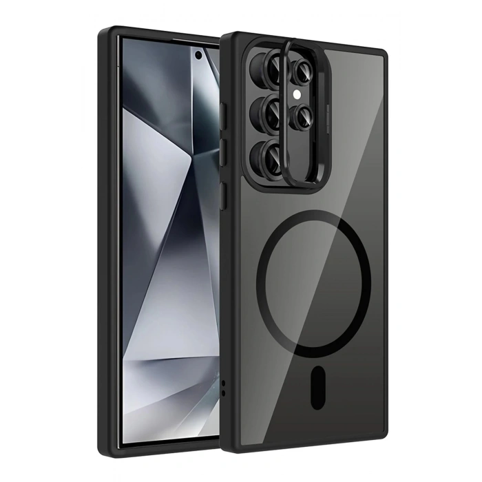 Samsung Galaxy S23 Ultra Remim Lensli Magsafe Standlı Kapak - Siyah