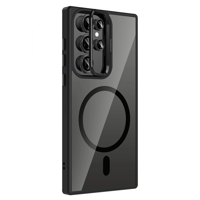 Samsung Galaxy S23 Ultra Remim Lensli Magsafe Standlı Kapak - Siyah