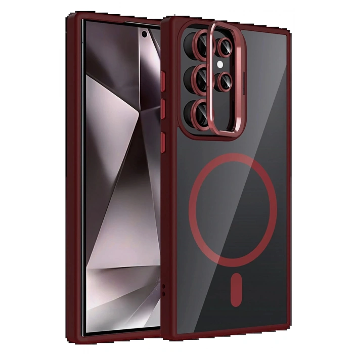 Samsung Galaxy S24 Ultra Remim Lensli Magsafe Standlı Kapak - Bordo