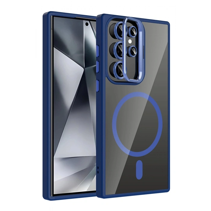 Samsung Galaxy S24 Ultra Remim Lensli Magsafe Standlı Kapak - Lacivert