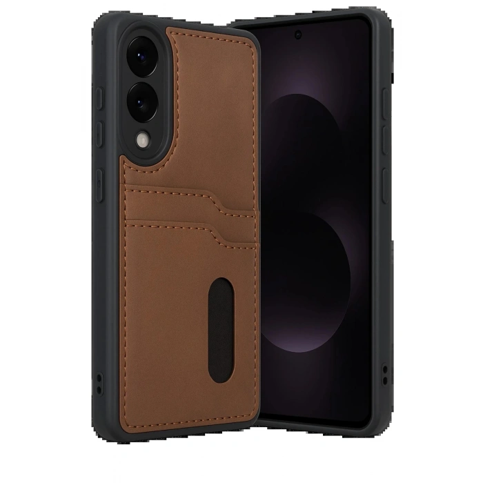 Samsung Galaxy S25 Edge Sara Kartvizitli Deri Kılıf - Taba