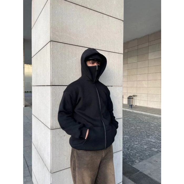 Samuray Ninja Çift Kapşonlu ZIP Fermuarlı Kanguru Çepli Tam Fermuarlı Hoodie  sweatshirt - Siyah