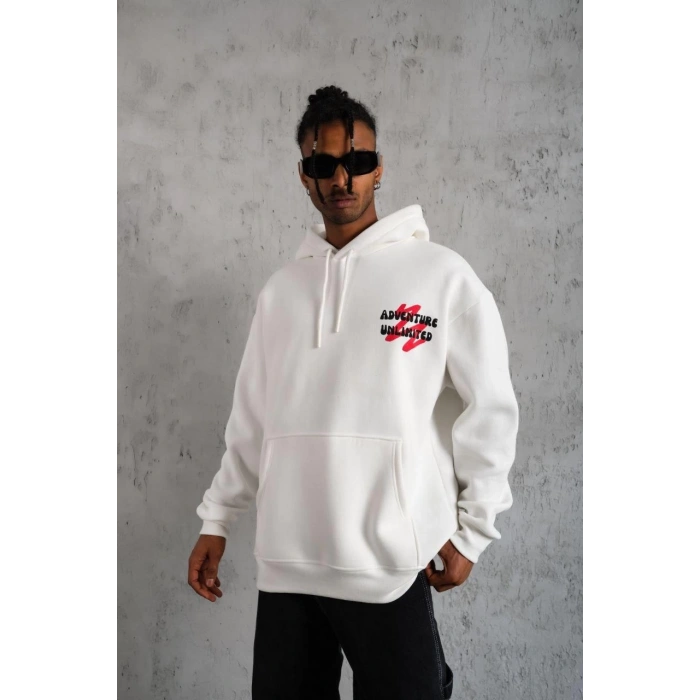 Şapkalı Güvercin Baskılı Kapşonlu Sweat - Beyaz -