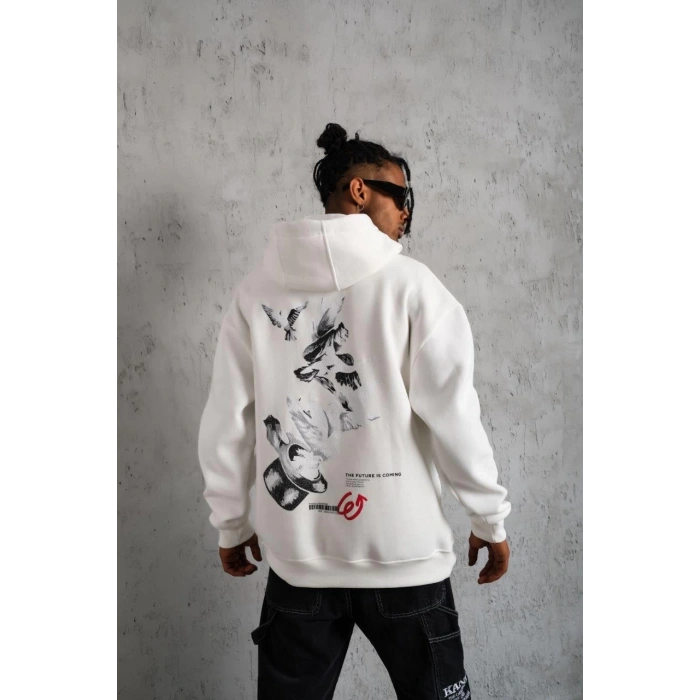 Şapkalı Güvercin Baskılı Kapşonlu Sweat - Beyaz -