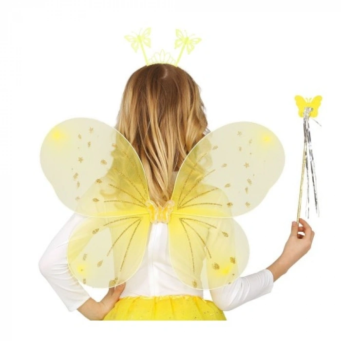Sarı Kelebek Erkek-Kız Seti – 50 cm Kelebek Kanadı, Taç ve Asa