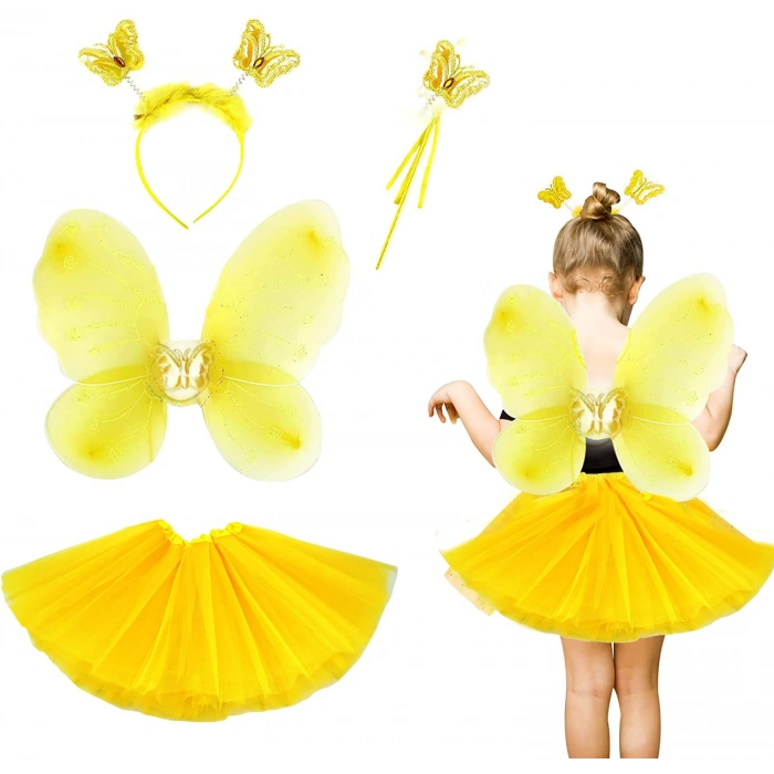 Sarı Kelebek Kostümü Çocuk - Sarı Kelebek Kostüm Aksesuar Seti 4 Parça (4887)