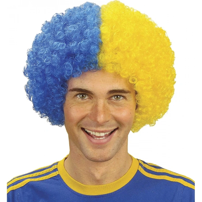 Sarı Mavi Kıvırcık Afro Bonus Peruk Fenerbahçe Bonus Peruk 120 gr