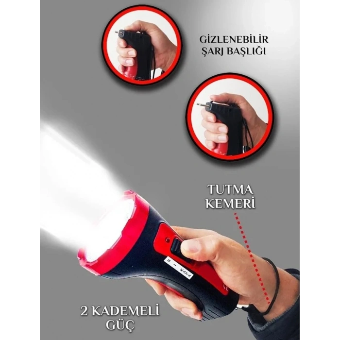 Şarjlı 10w Projektör Led El Feneri 2 Mod Aydınlatmalı Uzun Menzil Işıldak Kambur Fener (4887)