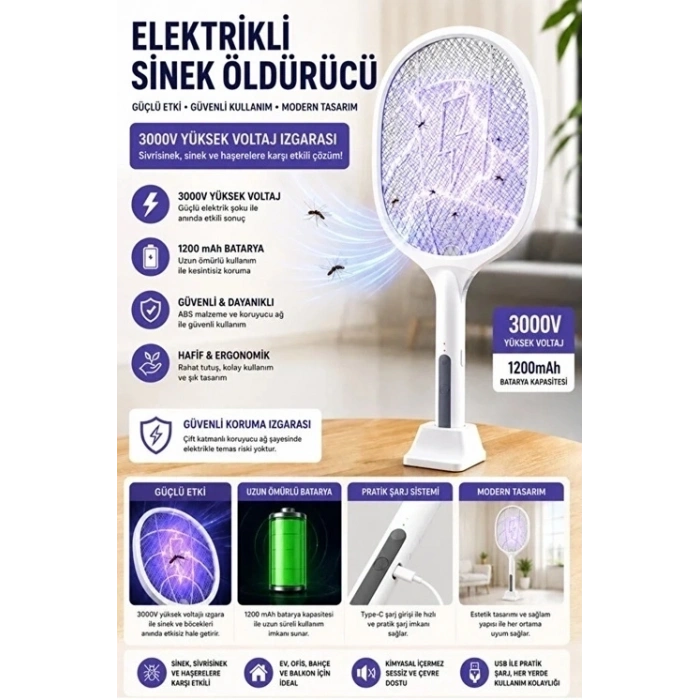 Şarjlı Sinek Öldürücü Sivrisinek Raketi Elektrikli Karasinek Haşere Kovucu Mor Işıklı Sineklik Aleti
