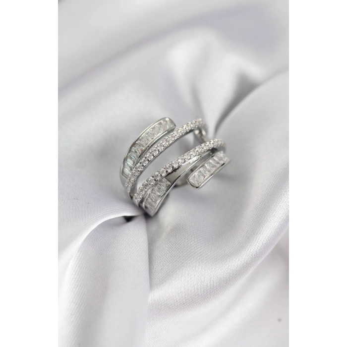 Sarmal Zirkon Baget Taşlı Gümüş Renk Kadın Yüzük - TJ-BYK3929