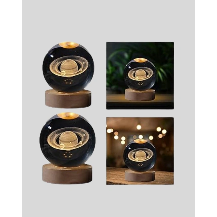 Satürn Gezegenli Kristal Küre Led Lamba Usb’li Ahşap Standlı