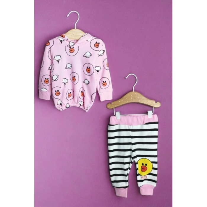 ŞEKER PEMBE KAPİŞONLU UZUN KOLLU LASTİKLİ BEL PAÇA KIZ ÇOCUK & BEBEK ALT ÜST TAKIM