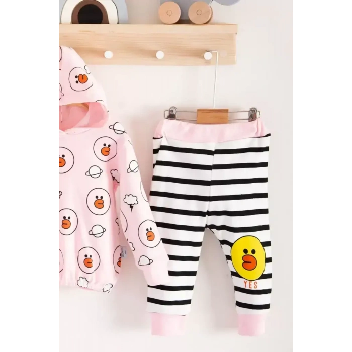 ŞEKER PEMBE KAPİŞONLU UZUN KOLLU LASTİKLİ BEL PAÇA KIZ ÇOCUK & BEBEK ALT ÜST TAKIM